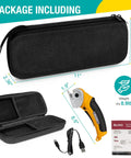 Beefy Cordless Electric Scissors With Safety Lock 4.2V Rechargeable Box Cutter shown with storage box, USB cable, and manual