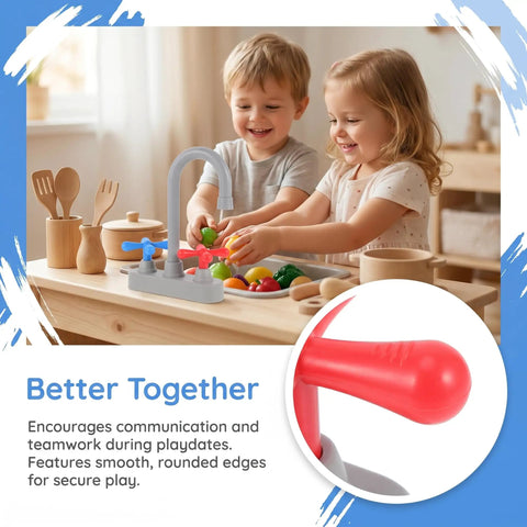 Kids playing with Straight Up Realistic Kitchen Faucet Toy For Kids Pretend Play Sink Accessories, showcasing teamwork and fun.