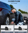 Man using Extended Reach Dual Head Air Chuck Set 1 Quarter Inch FNPT With Quick Plug to inflate car tire.