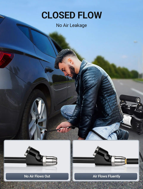 Man using Extended Reach Dual Head Air Chuck Set 1 Quarter Inch FNPT With Quick Plug to inflate car tire.
