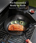 Preseasoned Carbon Steel Frying Pan 10 Inch Skillet With Removable Silicone Handle cooking salmon on grill