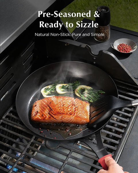 Preseasoned Carbon Steel Frying Pan 10 Inch Skillet With Removable Silicone Handle cooking salmon on grill