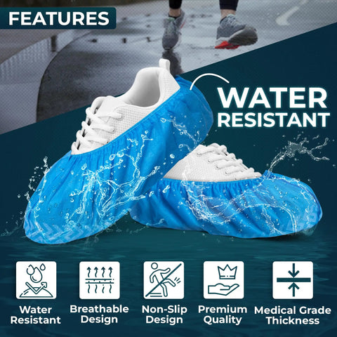 Blue Disposable Boot Covers Premium Pack 100 Non Slip Shoe Protectors water resistant detail, large size fits most shoes.