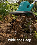 Cordless Brushless Garden Tiller Cultivator No Cord Hassle 10-Inch Wide 7-Inch Deep Electric Soil Rototiller in action