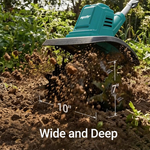 Cordless Brushless Garden Tiller Cultivator No Cord Hassle 10-Inch Wide 7-Inch Deep Electric Soil Rototiller in action