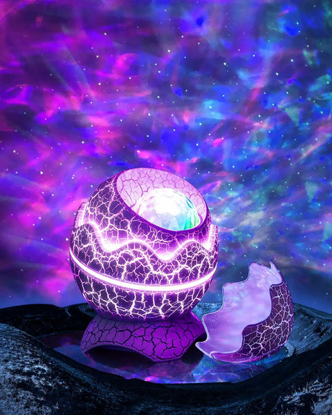 Dinosaur Eggs Galaxy Star Projector With Bluetooth Nebula LED Night Light emitting colorful nebula pattern on ceiling.