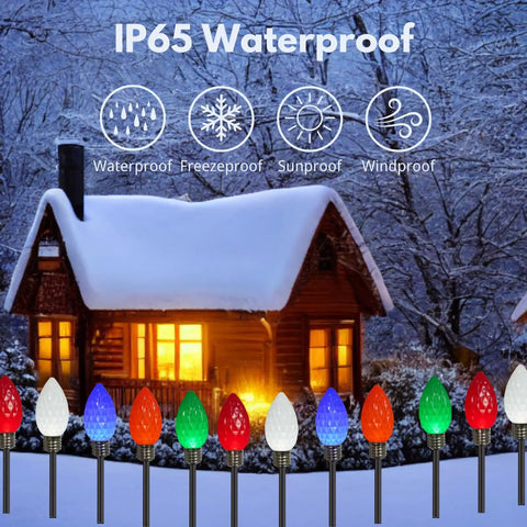 Image of a snowy cabin with IP65 Waterproof Two Pack 100 Foot S14 Outdoor String Lights With 32 LED Bulbs in multiple colors.
