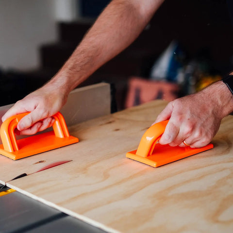 Table Saw Push Block And Jointer Push Block Two Pack For Woodworking No Slip Grip shown guiding wood on a saw table.
