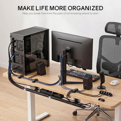All In One Cable Management Kit For Computer Desk And TV Setup shown organizing workspace cables efficiently.