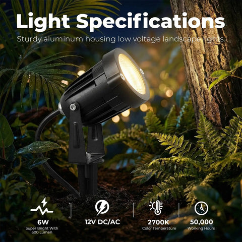 Close-up of All In One Low Voltage Landscape Lighting Kit With 8 Waterproof LED Spotlights, highlighting aluminum spotlight