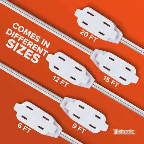 Different lengths of two prong indoor extension cord with three polarized outlets and protective plug cover ETL certified 16 gauge