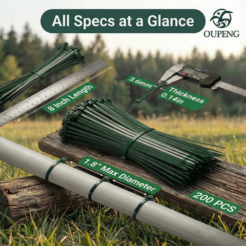 200 Piece Green Nylon Zip Ties Pack Of 8 Inch Self Locking Cable Ties Beefy Strength Plastic Wire Ties With 40 Pound Tensile Strength displayed with measuring tools and bundle of ties