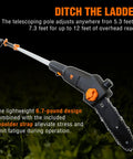 6 Amp 8 Inch Electric Telescoping Pole Saw Corded For Up To 12 Foot Overhead Reach, Lightweight 6.7 Pound Build, Tool-Free Chain Adjustments, Black And Orange product image showcasing design and features on dark background.