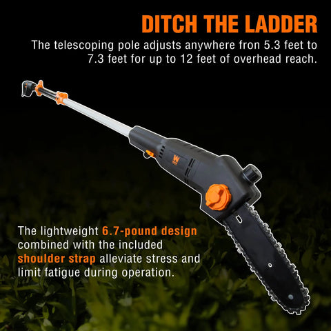 6 Amp 8 Inch Electric Telescoping Pole Saw Corded For Up To 12 Foot Overhead Reach, Lightweight 6.7 Pound Build, Tool-Free Chain Adjustments, Black And Orange product image showcasing design and features on dark background.