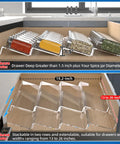 Heavy Duty Clear Acrylic Spice Drawer Organizer 4 Tier 2 Pack Slick Expandable Seasoning Rack Top Shelf Kitchen Countertop Tray Game Changer For Drawers And Cabinets shown in drawer, with spice jars arranged.