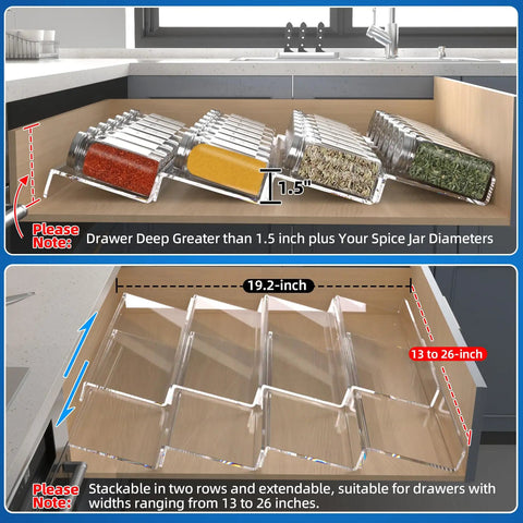 Heavy Duty Clear Acrylic Spice Drawer Organizer 4 Tier 2 Pack Slick Expandable Seasoning Rack Top Shelf Kitchen Countertop Tray Game Changer For Drawers And Cabinets shown in drawer, with spice jars arranged.