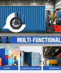 Heavy Duty 8X6.5 Lug Shipping Container Wheels With Reinforced Steel Axles And Rock Solid 8000 Pound Load Rating next to a shipping container.
