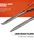 Two Piece Long Nose Pliers Set With Straight And Bent Tips, Dual Material Grips, Long Reach Design, displayed with joint design