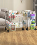 Two Tier Rolling Storage Cart On Wheels With Easy Grip Handle For Under Desk Mobility, Multi Purpose Trolley Organizer With Two Hanging Baskets in a living room setting.
