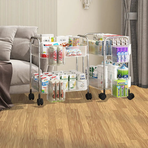 Two Tier Rolling Storage Cart On Wheels With Easy Grip Handle For Under Desk Mobility, Multi Purpose Trolley Organizer With Two Hanging Baskets in a living room setting.