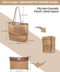Packable 2 In 1 Beach Tote Bag With Foldable Design, Lightweight and spacious khaki tote showing foldable into small pouch