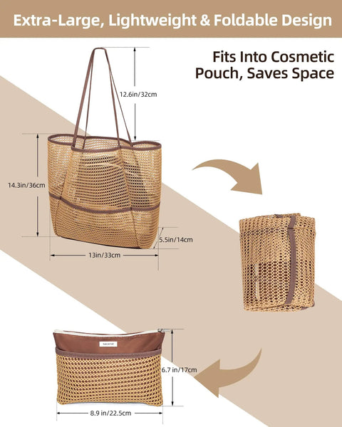Packable 2 In 1 Beach Tote Bag With Foldable Design, Lightweight and spacious khaki tote showing foldable into small pouch