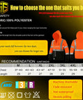 Sizing chart with a High Visibility Class 3 Reflective Zippered Hooded Safety Sweatshirt For Men With Padded Lining Stain Resistant Fabric.