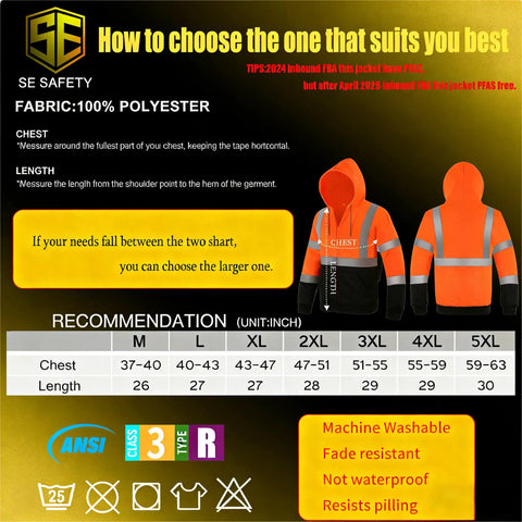 Sizing chart with a High Visibility Class 3 Reflective Zippered Hooded Safety Sweatshirt For Men With Padded Lining Stain Resistant Fabric.