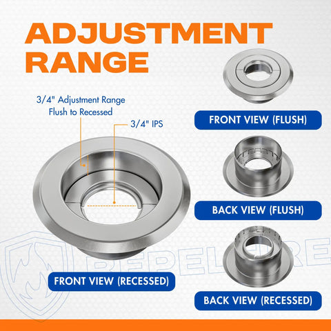 Adjustment range diagram for Retrofit Recessed Fire Sprinkler Escutcheon Split Three Piece Chrome Finish depth adjustable ceiling plate.