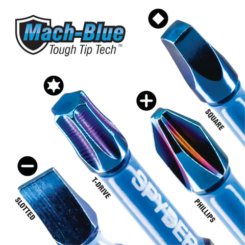 Premium 15-Piece Drill Bit And Impact Driver Kit Featuring Mach-Blue Tough Tip Steel For Heavy Duty Projects With 70X Longer Life Plus Impactive Alloy Torsion Zones That Flex To Stop Breakage And Boost Power For Serious Pros And Doers. Drill bit set with slotted, T-drive, Phillips and square tips.