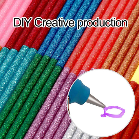 Colored Glitter Hot Melt Glue Sticks Set in 14 Colors shown with a close-up of glue application tool.
