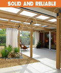 Outdoor deck with Heavy Duty 4x4 Post Bracket Kit For Wood Decks, 4 Pack With 14 Gauge Steel Base, securing wooden posts in garden area.