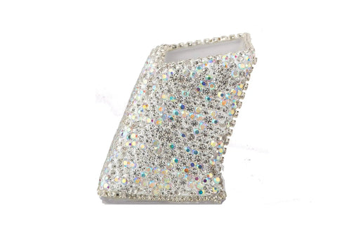 Blinged Out Business Card Holder Stand For Desk And Office with Crystal Rhinestones and White Glitter Display