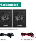 Powered Bookshelf Speakers With Built-In Amplifier And 3-Inch Drivers For Turntables, TV, PC, And Wireless Music Streaming Bluetooth 5, RCA, And Aux Dope, Warm, Versatile Home Audio System, shown with cables