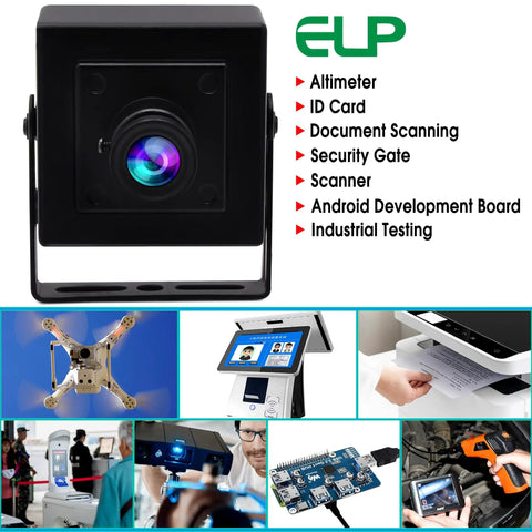 5 Megapixel USB Camera Workhorse with 3.6mm Fixed Lens, aluminum case, OV5640 sensor, shown in various industrial use applications.