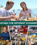 Collage of people enjoying oysters in various settings with the Oyster Shucker Machine Opener Set For Fast Safe Shell Opening.