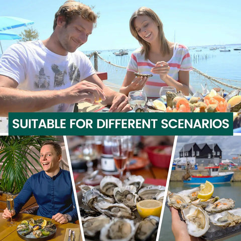 Collage of people enjoying oysters in various settings with the Oyster Shucker Machine Opener Set For Fast Safe Shell Opening.