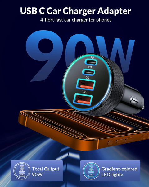 Four Port 90W Car Charger With Dual USB C And USB A Ports Delivers Fast PD 45W And QC 45W Charging for multiple devices