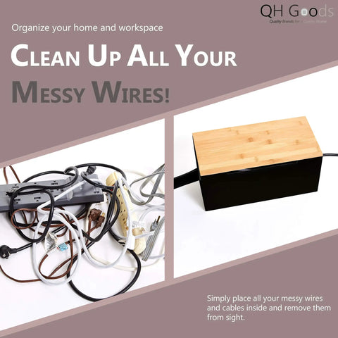 Comparison showing messy cables and the Large Bamboo Wood Cable Management Box Organizer to Hide Away All Your Messy Cords in Sleek Black