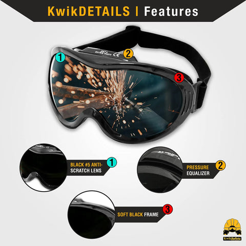 PIT VIPER Shade 5 Welding Goggles With Anti Fog Anti Scratch Lenses, Snug Fit, Infrared Protection, Detail Features Displayed