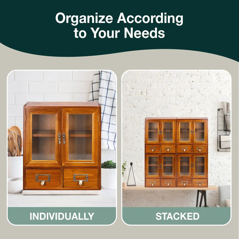 Front view of Four Piece Stackable Mini Cupboard Set With Eight Drawers And Glass Doors In Dark Mahogany Wood For Pantry Kitchen Bath Or Garage Storage Fully Assembled And Ready To Organize, shown individually and stacked.