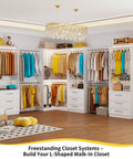 Heavy-Duty Modular Closet System With Nine Drawers And Nine Hanging Rods For Walk-In Spaces White L-Shape Corner Organizer Kit with clothes and storage.