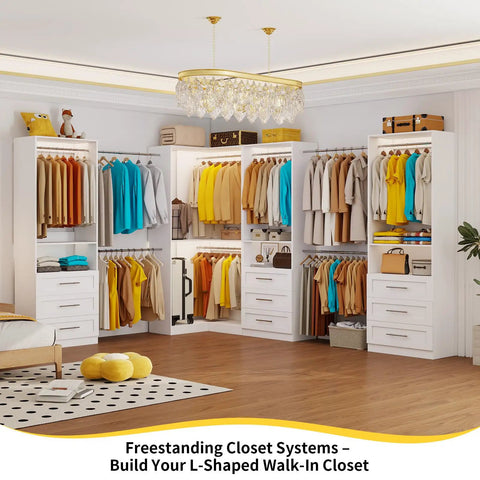 Heavy-Duty Modular Closet System With Nine Drawers And Nine Hanging Rods For Walk-In Spaces White L-Shape Corner Organizer Kit with clothes and storage.
