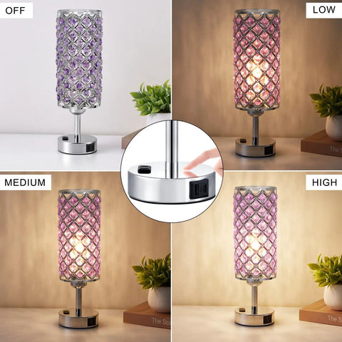 Rose Gold Crystal Touch Lamps Set Of 2 With Dual USB Ports, 3 Way Dimmable Nightstand Lights, showing off, low, medium, high brightness