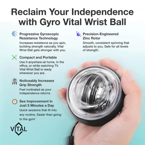 Person holding Gyro Wrist Ball Exerciser With Progressive Resistance For Wrist And Forearm Strength Killer Grip Trainer For Reps Hand Therapy And Arm Workout Tool Clear Design Without Led Lights with text overlay.