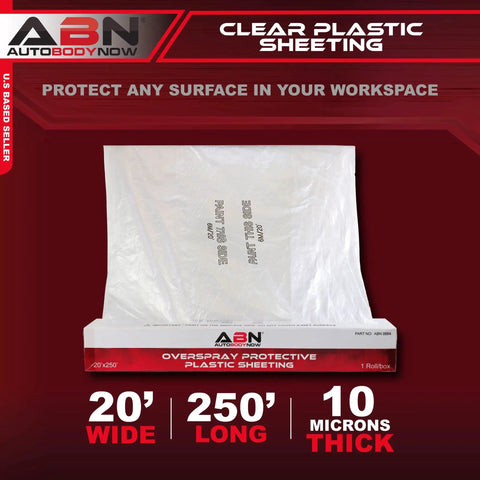 Clear Plastic Sheeting 10 Micron 20x250 Ft Protective Masking Film For Automotive Painting And More displayed on packaging.