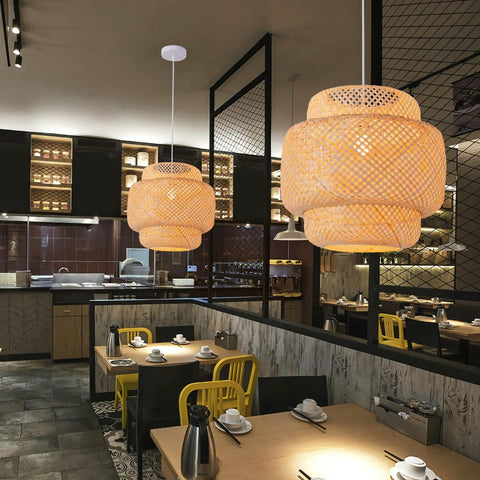 Handwoven Bamboo Pendant Light For Boho Farmhouse Vibe, 15.75 Inch Rattan Hanging Lamp in modern dining room
