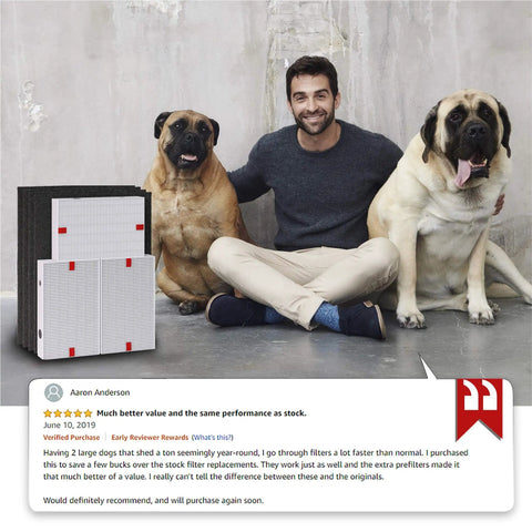 Man seated with two large dogs beside Beefed Up Replacement Filter Pack For Honeywell HPA Series Air Purifiers.