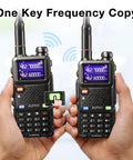 Two handheld radios demonstrating One Key Frequency Copy for 10W Ham Radio Handheld With Long Range VHF UHF Two Way Walkie Talkie NOAA Weather Receiver USB C 2500mAh Rechargeable Battery Protective Case Chirp Compatible One Button Copy DTMF Dial And Airband Support