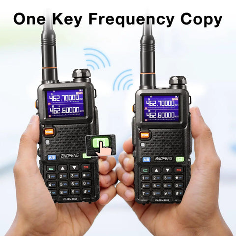 Two handheld radios demonstrating One Key Frequency Copy for 10W Ham Radio Handheld With Long Range VHF UHF Two Way Walkie Talkie NOAA Weather Receiver USB C 2500mAh Rechargeable Battery Protective Case Chirp Compatible One Button Copy DTMF Dial And Airband Support